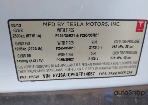 2013 Tesla Model S Performance из США, поврежденный, VIN 5YJSA1CP9DFP14057